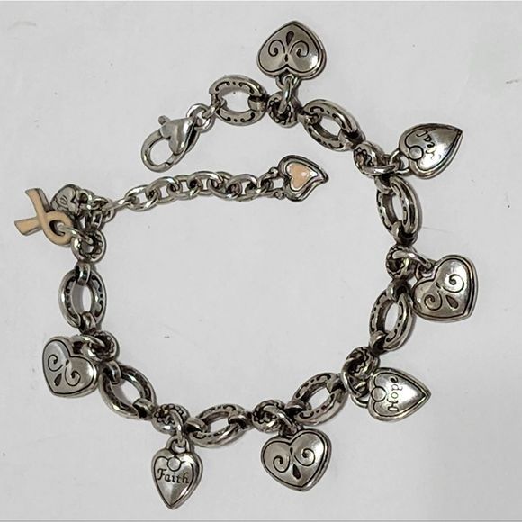Brighton Silver Pl Charm Bracelet Hearts Faith Hope Heal Ribbon Breast Cancer - Picture 1 of 7